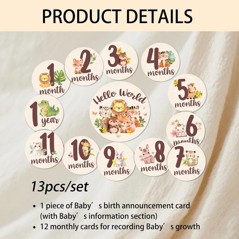 MCIAONE Baby Monthly Milestone Cards Sign - 13 Double Sided Little Animals Milestone Cards, Fox Pattern Wooden Circles Discs for Photo Props Cat Newborn Announcement Marker, Baby Shower Newborn Sign Gift Set - Image 4